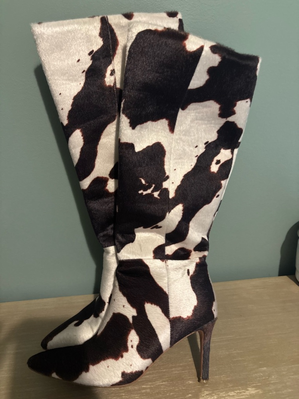 Cowprint Knee-High Stiletto Boots in Brown and White